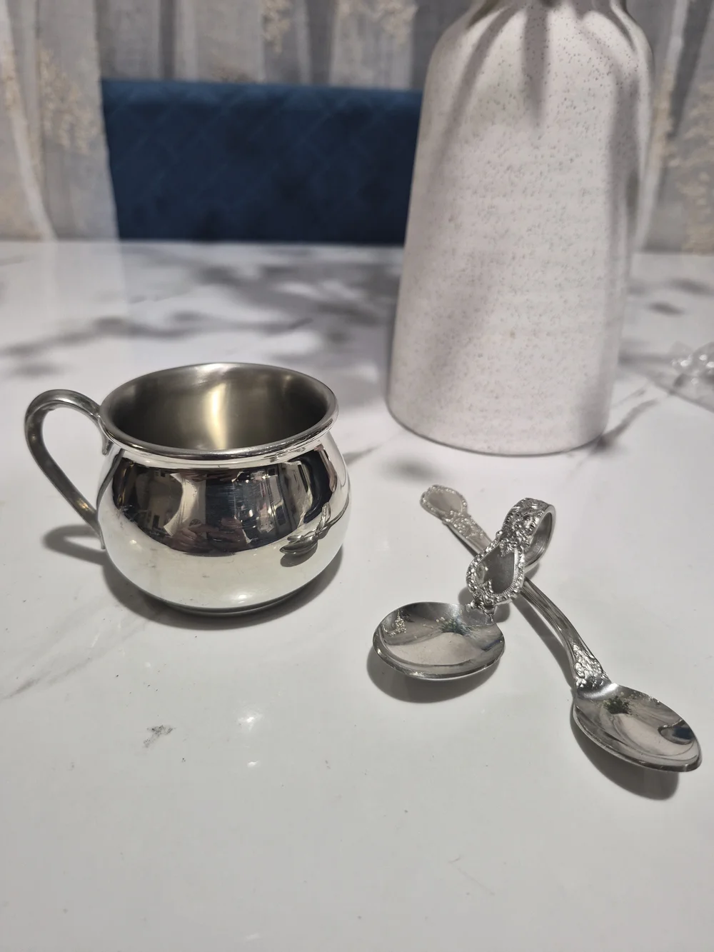 Vintage Web Pewter 1172 Polished Baby Cup and 2 Spoons .